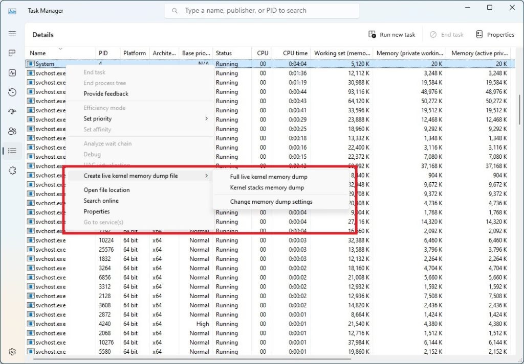 Creating a Live Kernel Dump from Windows 11 Task Manager