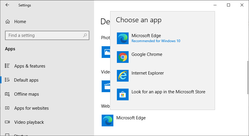 Changing the Windows 10 default browser