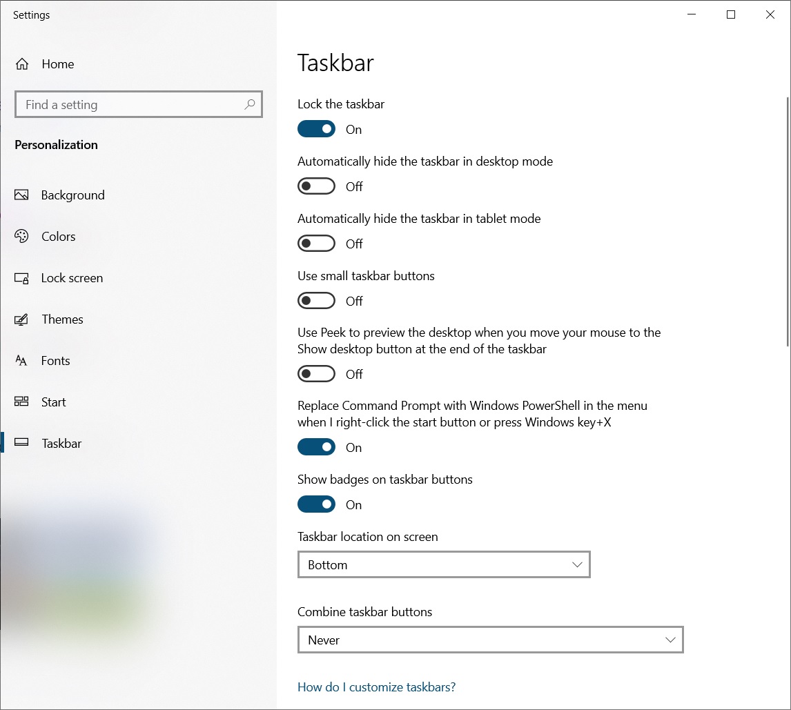 Windows 10 taskbar customization options