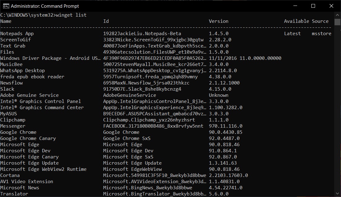 Using the Winget list command