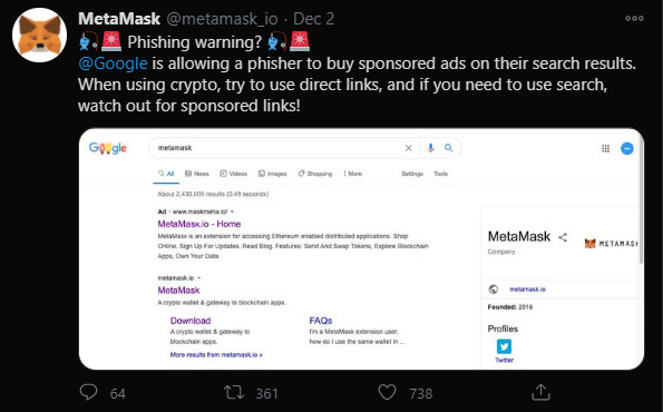 MetaMask phishing steals cryptocurrency wallets via Google ads