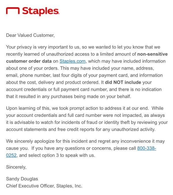 Staples discloses data breach exposing customer info