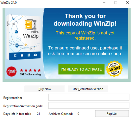 Ventana emergente de prueba de WinZip