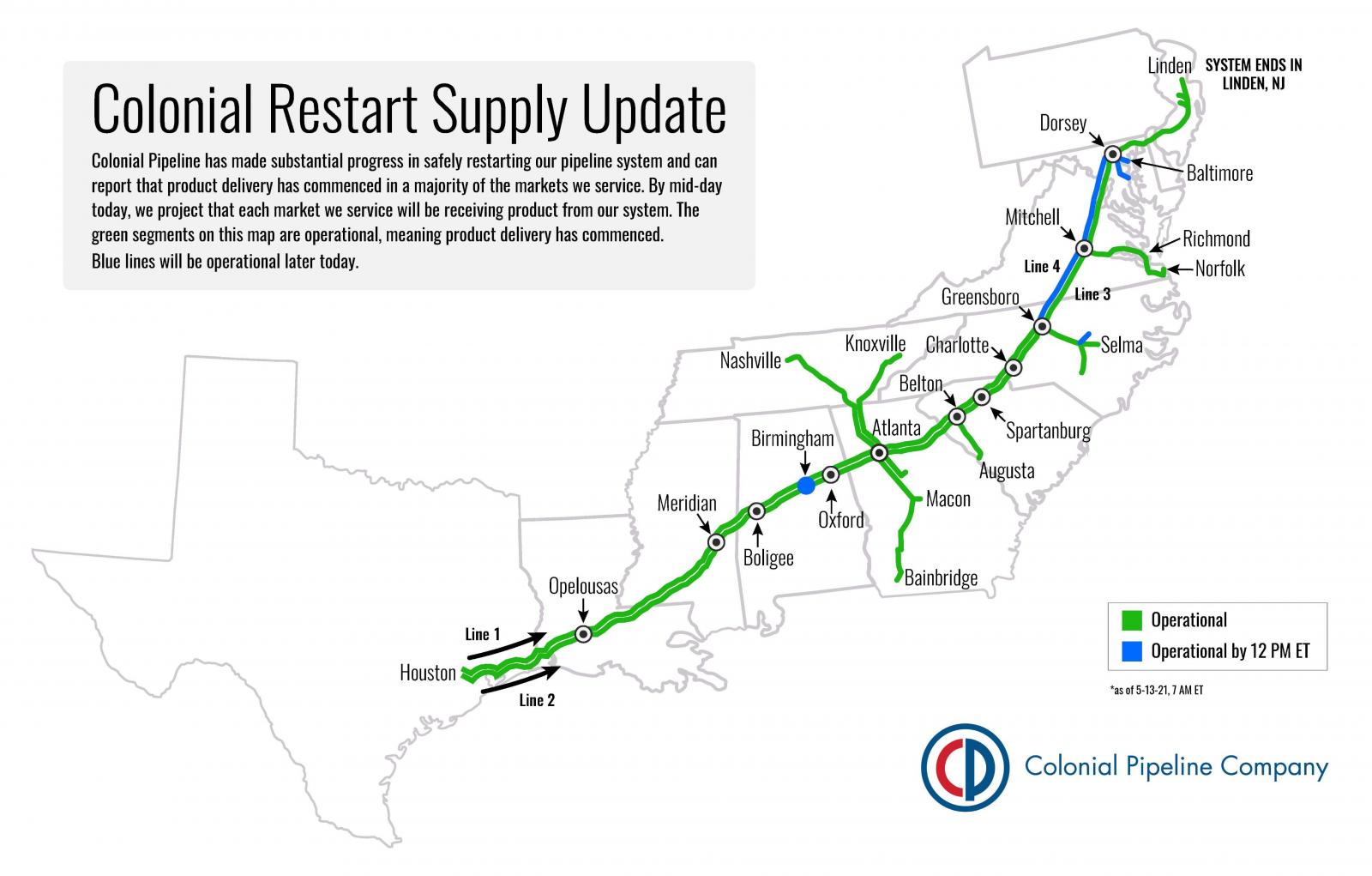 Colonial Pipeline system restoration map