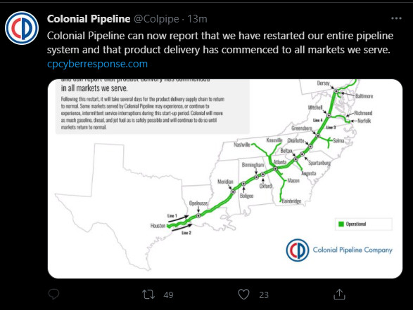 Colonial Pipeline's entire system now operational