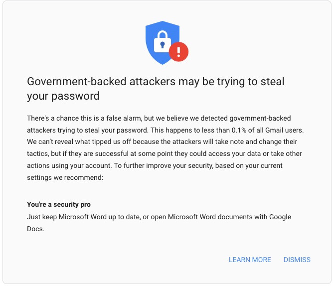 Google warning about government-backed attackers