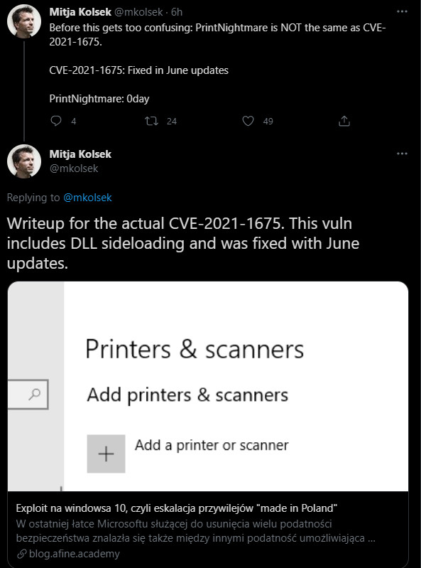 PrintNightmare different from CVE-2021-1675