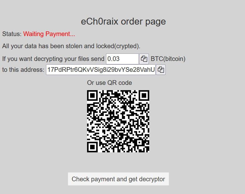 página de pago del ransomware ech0raix