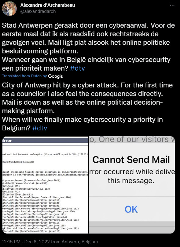Wilrijk reports Antwerp email system down