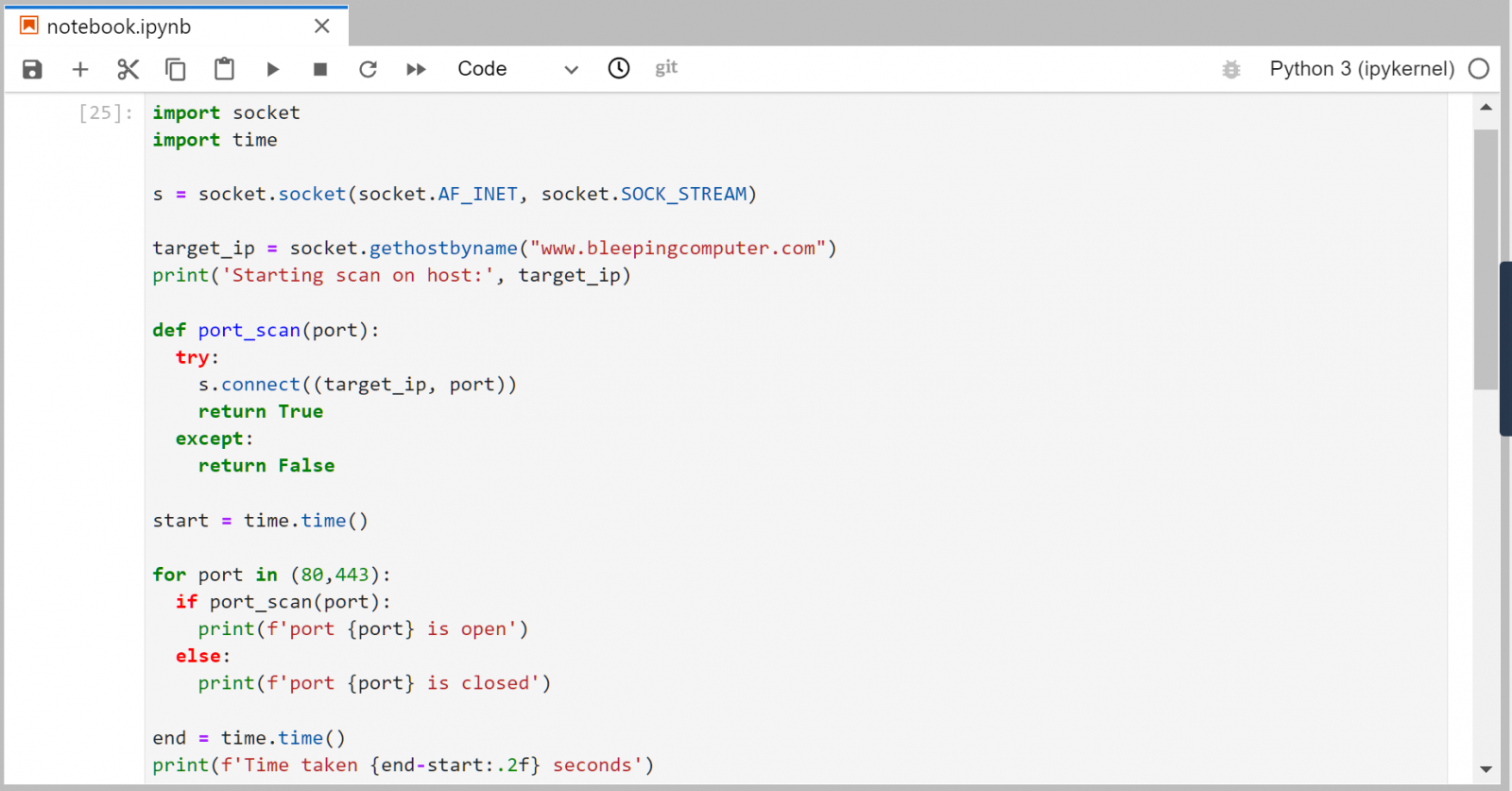 Simple port scanner in DataCamp Python compiler