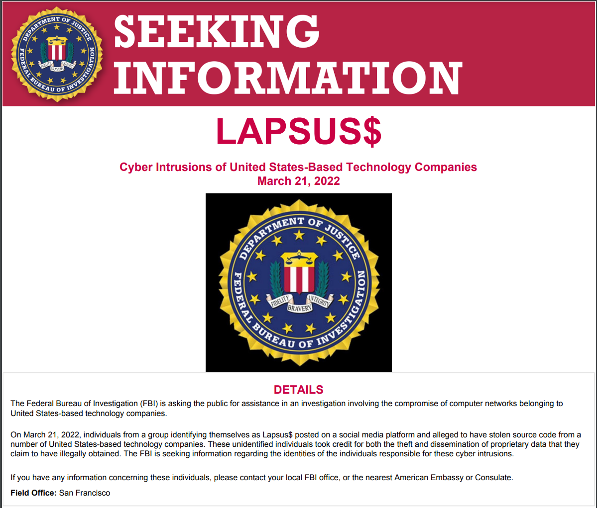 FBI, Lapsus$ üyeleri hakkında bilgi arıyor