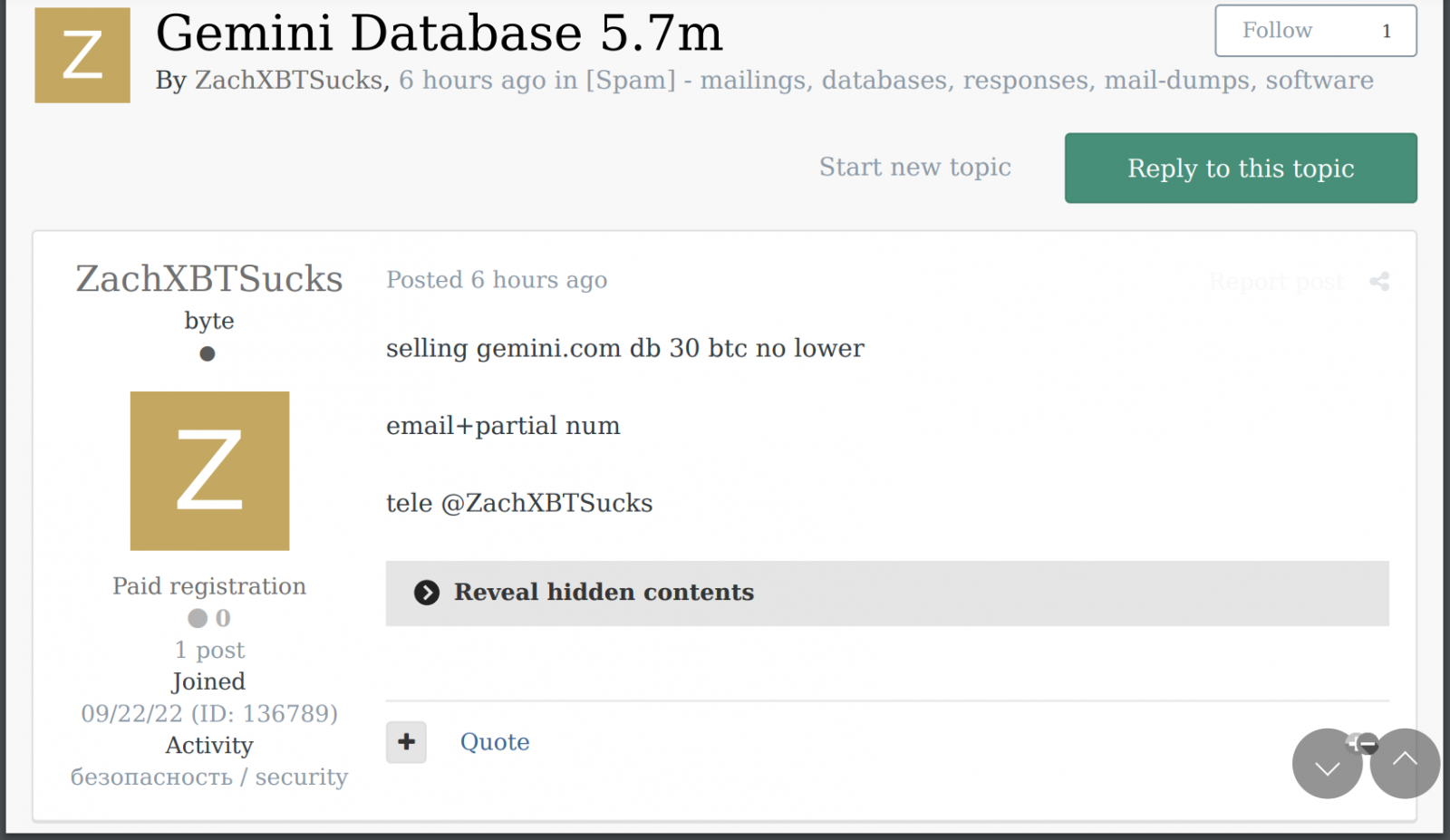 Hacker forum post asking 30 bitcoins for Gemini database with 5.7 million emails.