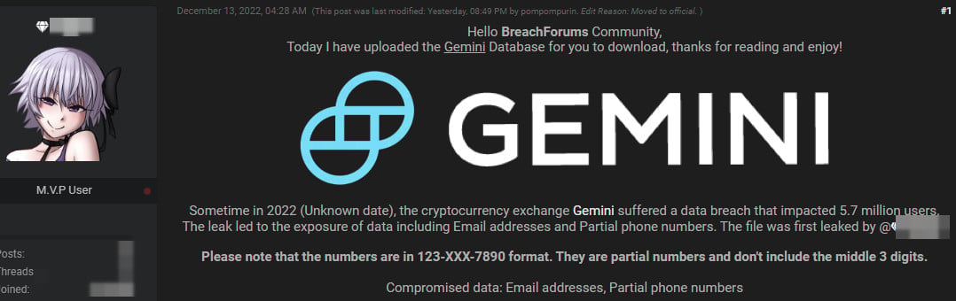 570 万件のメール アドレスを含む Gemini データベースがハッカー フォーラムに流出