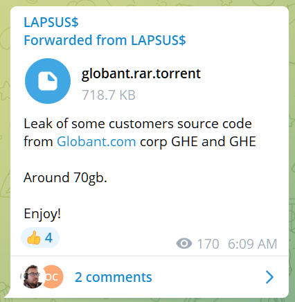 Lapsus$ leaks torrent with 70GB of Globant data