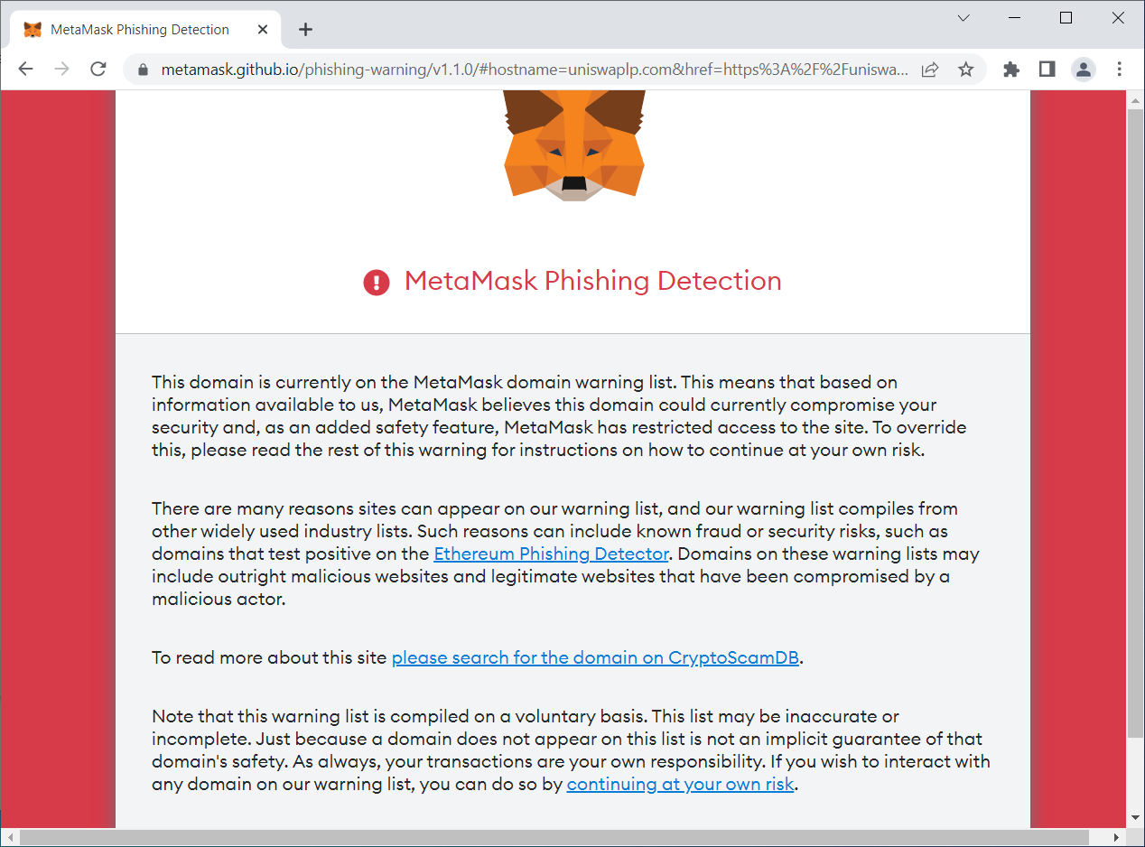 MetaMask warning users of fraudulent website
