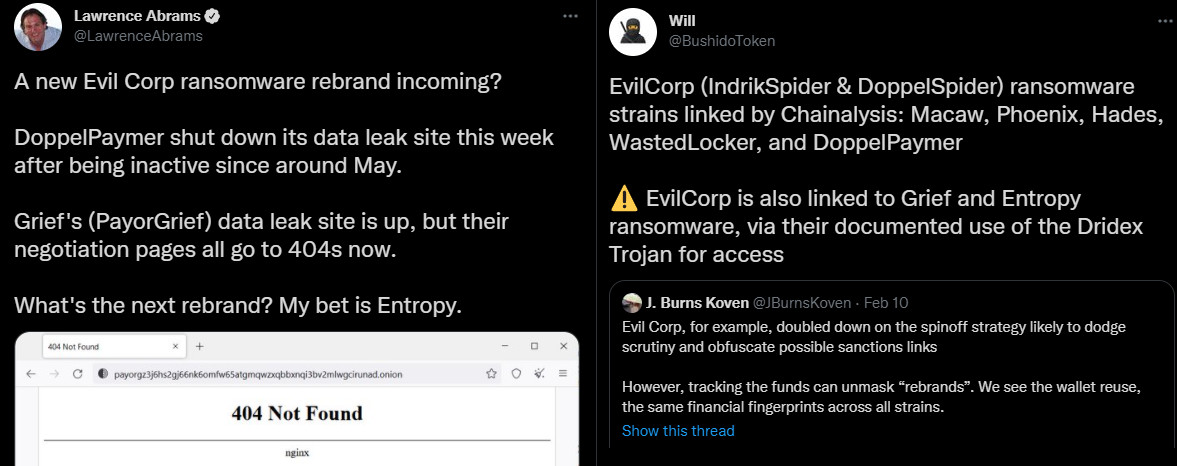 Entropy ransomware suspected rebrand of Grief/DoppePaymer operation