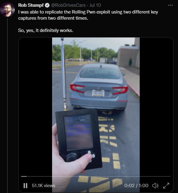 Rob Stumpf replicates Rolling-PWN bug on Honda Accord 2021
