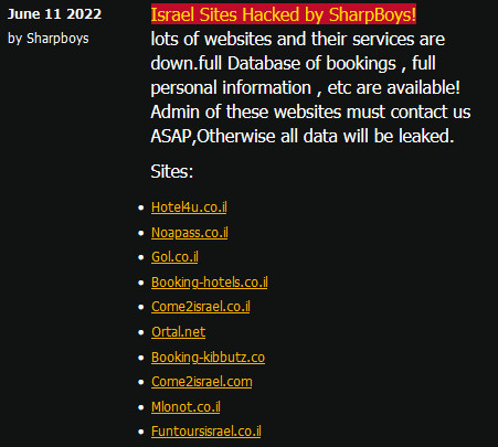 Sharp Boys announcement on hacking multiple Israeli travel sites
