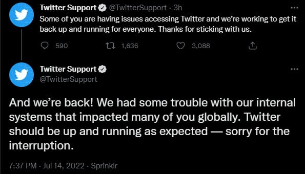 Twitter restores service