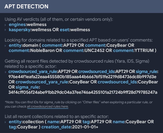 VirusTotal cheat sheet - detection of APT activity