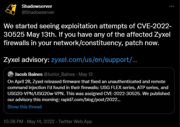 Shadowserver noticed CVE-2022-30525 exploitation attempts