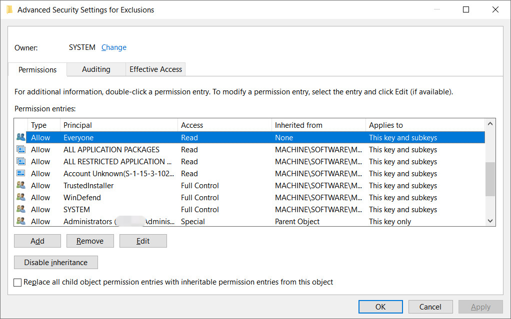 No special permissions needed to read Microsoft Defender exclusions list