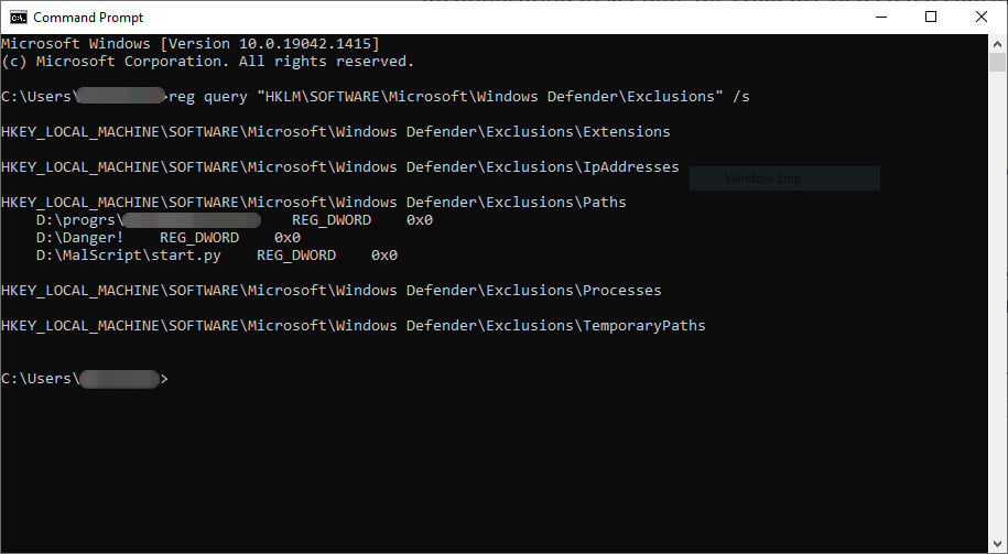 reg query command to show Microsoft Defender exclusions