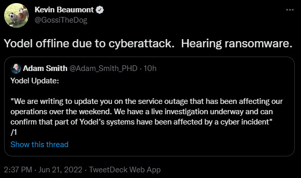 Rumor of Yodel ransomware attack