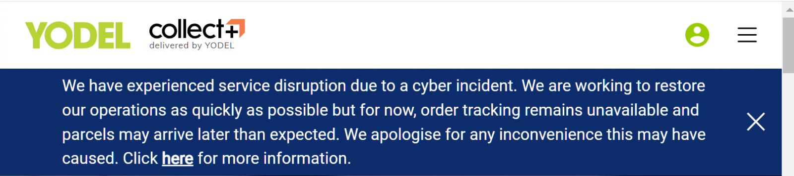 Yodel banner informing of cyberattack