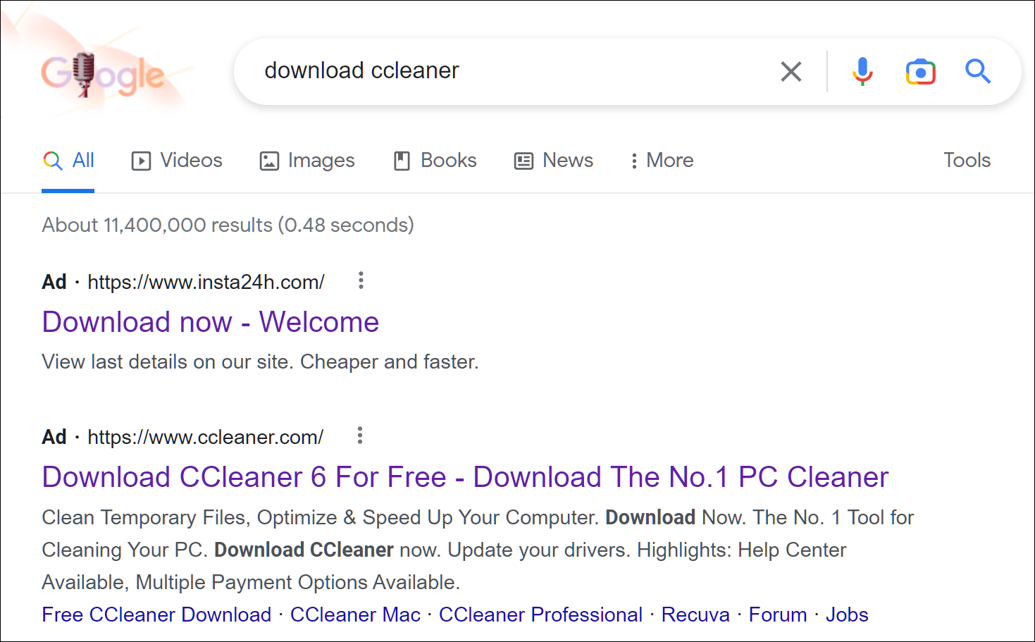 CCleaner malicious download pushed via ads in Google search results