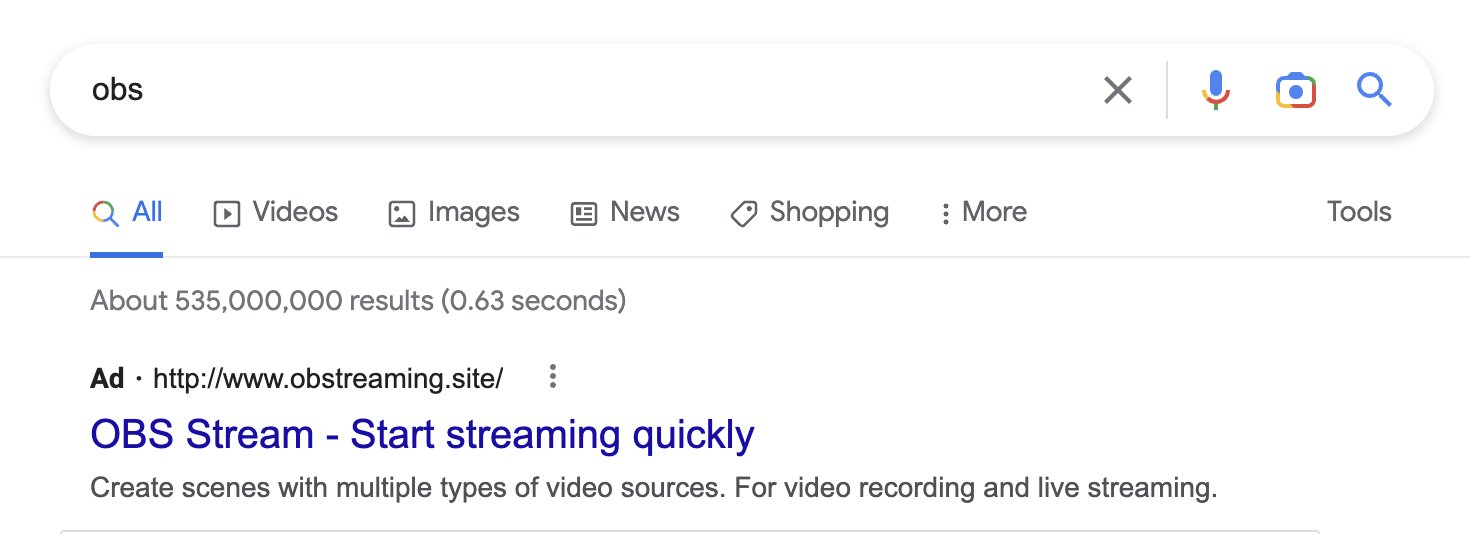Google search ad for malicious OBS Studio download