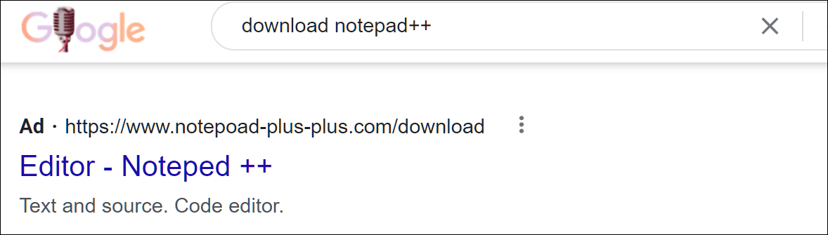 Malicious Notepad++ download pushed via ads in Google search results