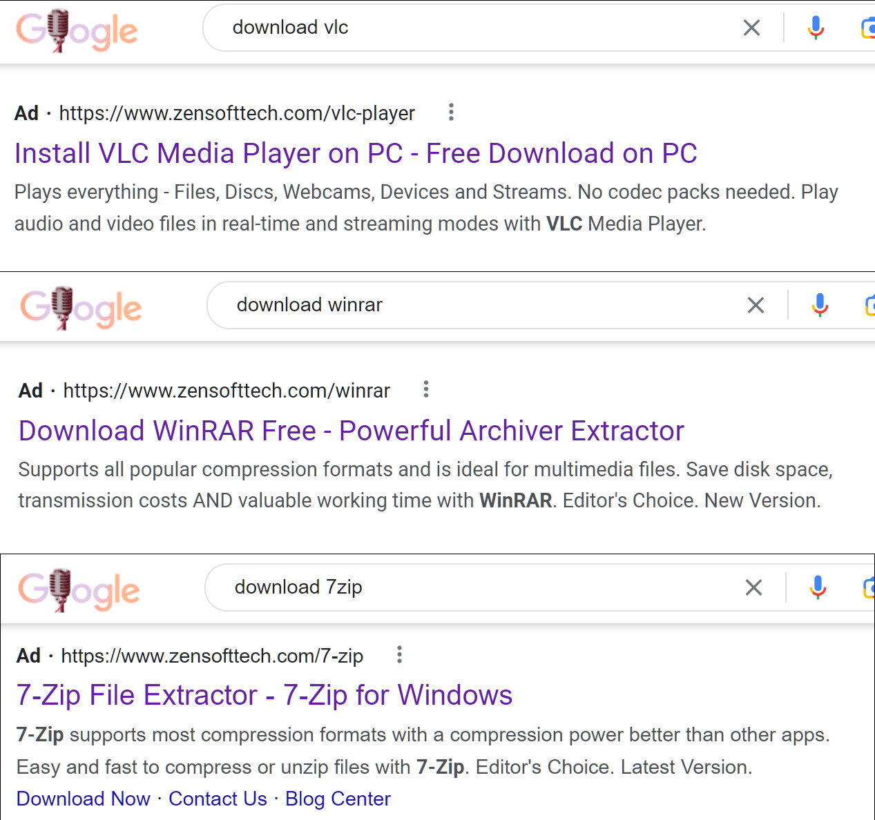 Malicious downloads for WinRAR, 7-ZIP, VLC in sponsored ads on Google search