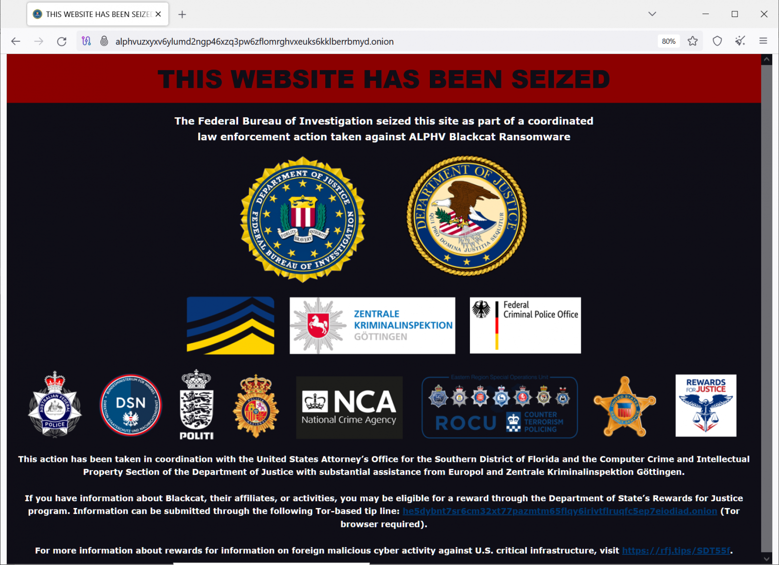 Fake FBI banner on ALPHV ransomware data leak site