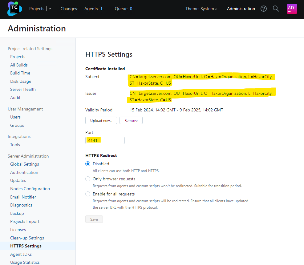 Exploiting CVE-2024-27199 to upload malicious certificate and change port number