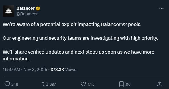 Balancer announces incident affecting V2 pools