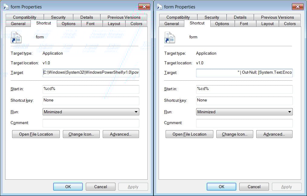 Atalho do Windows executando o comando do PowerShell para instalar o Emotet