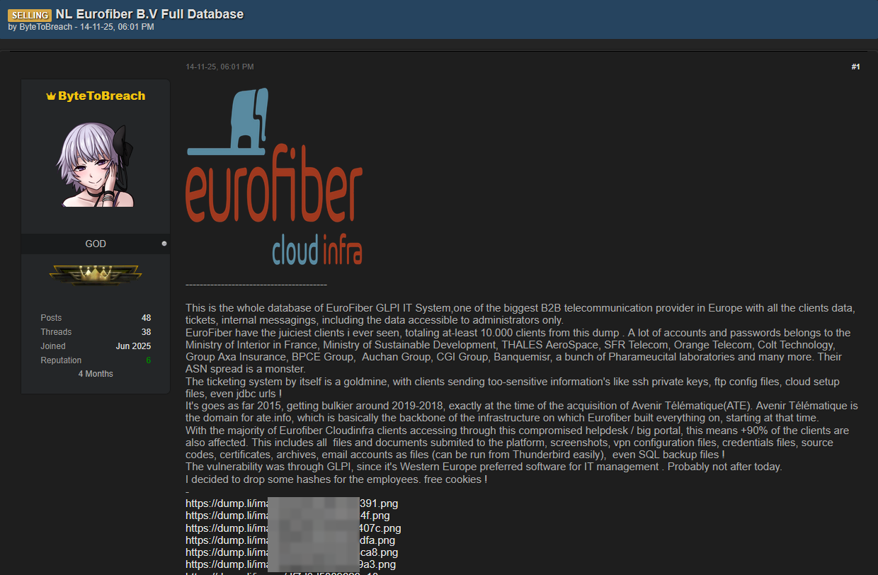 Eurofiber France warns of breach after hacker tries to sell customer data 3 Threat actor claiming the attack
