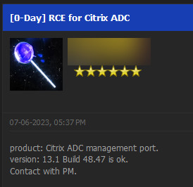 Announcement on hacker forum offering Citrix 0day