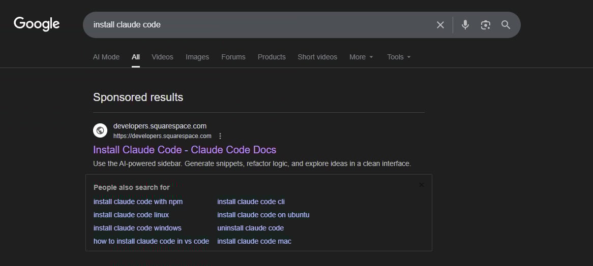 Sponsored Google search pushing fake Claude install sites