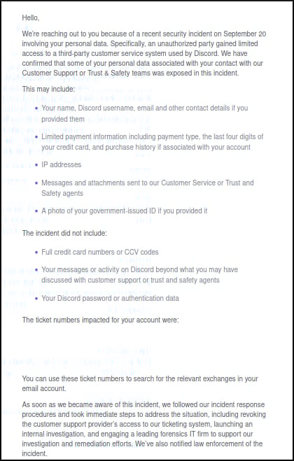 Discord'un etkilenen kullanıcılara veri ihlali bildirimi