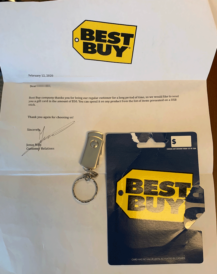 Fake BestBuy gift card with USB drive that installs malware
