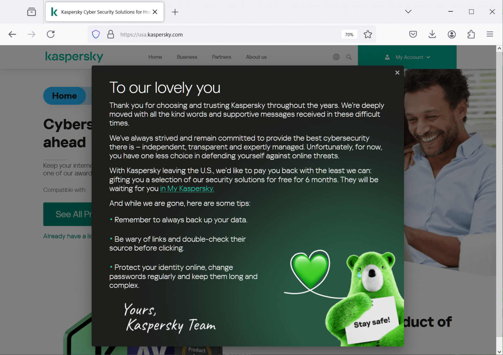 Kaspersky offers free security software for six months in U.S. goodbye 2 Six months of free security is Kaspersky's parting gift to U.S. users