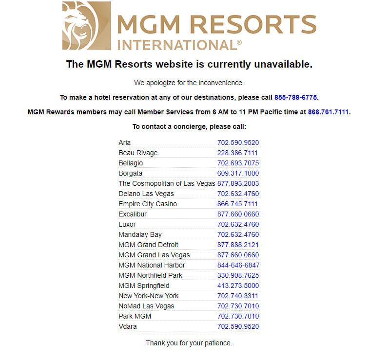 MGM リゾーツのウェブサイトがダウン