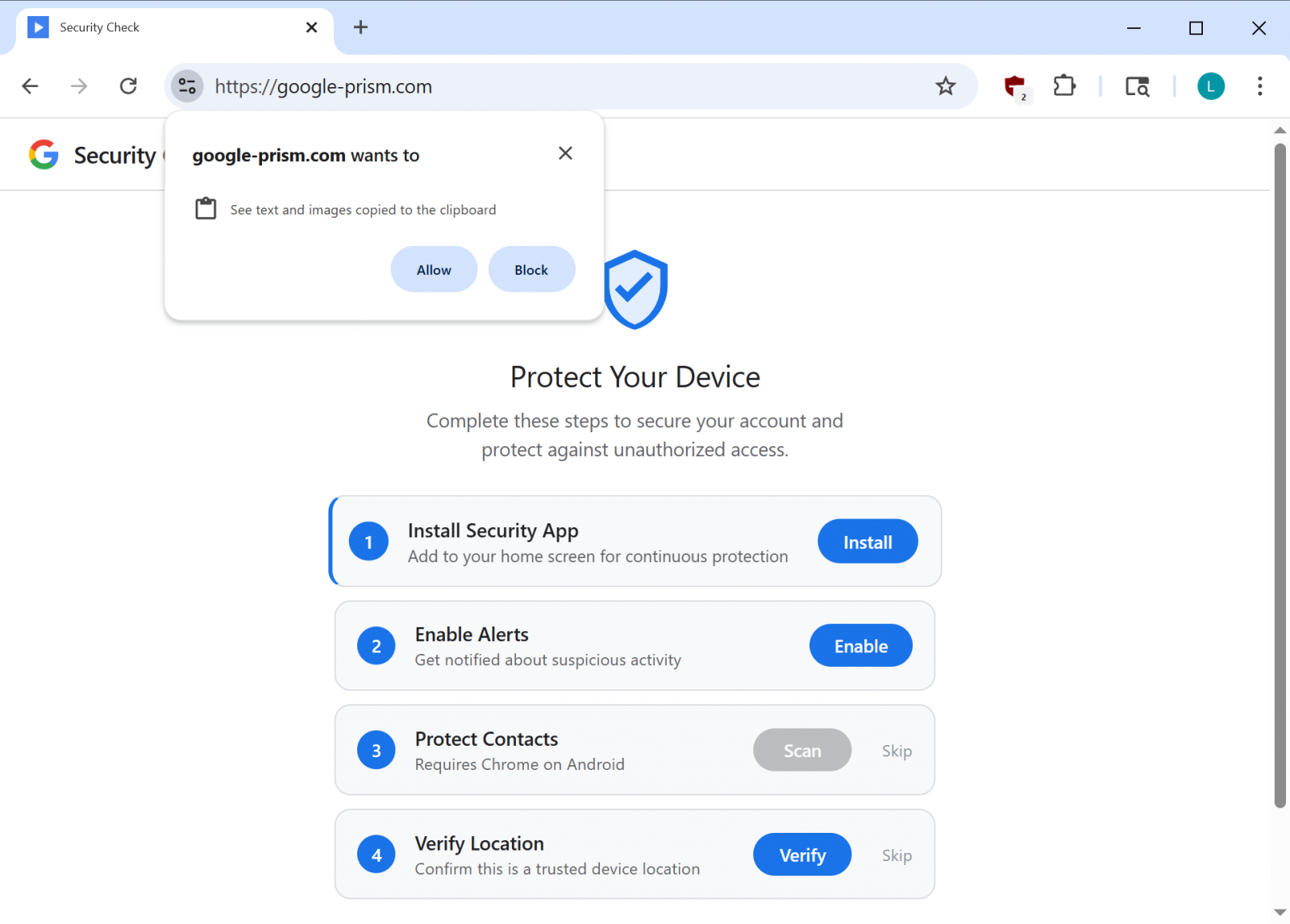 Fake Google security site asking for clipboard access