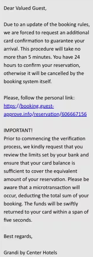 Mensaje de phishing creíble entregado a través de una plataforma de reservas legítima